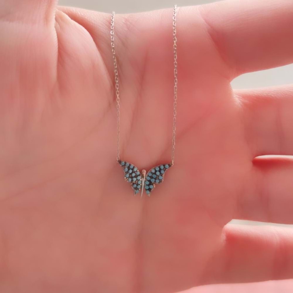 TURKUAZ TAŞLI MİNİ KELEBEK GÜMÜŞ KOLYE - RODYUM BEYAZ