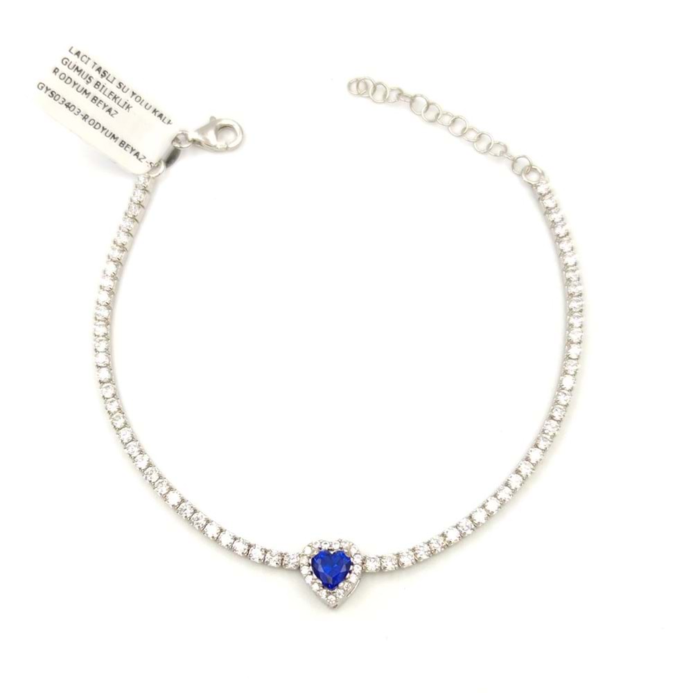 LACİ TAŞLI SU YOLU KALP GÜMÜŞ BİLEKLİK - RODYUM BEYAZ