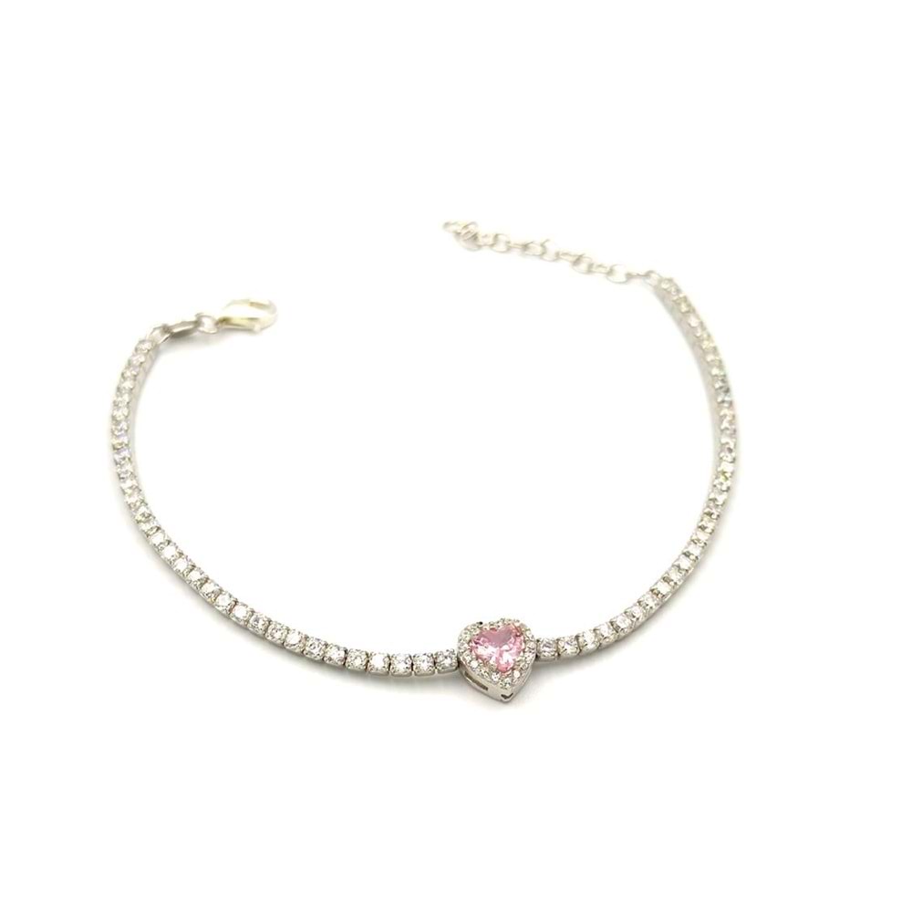 PEMBE TAŞLI SU YOLU KALP GÜMÜŞ BİLEKLİK - RODYUM BEYAZ