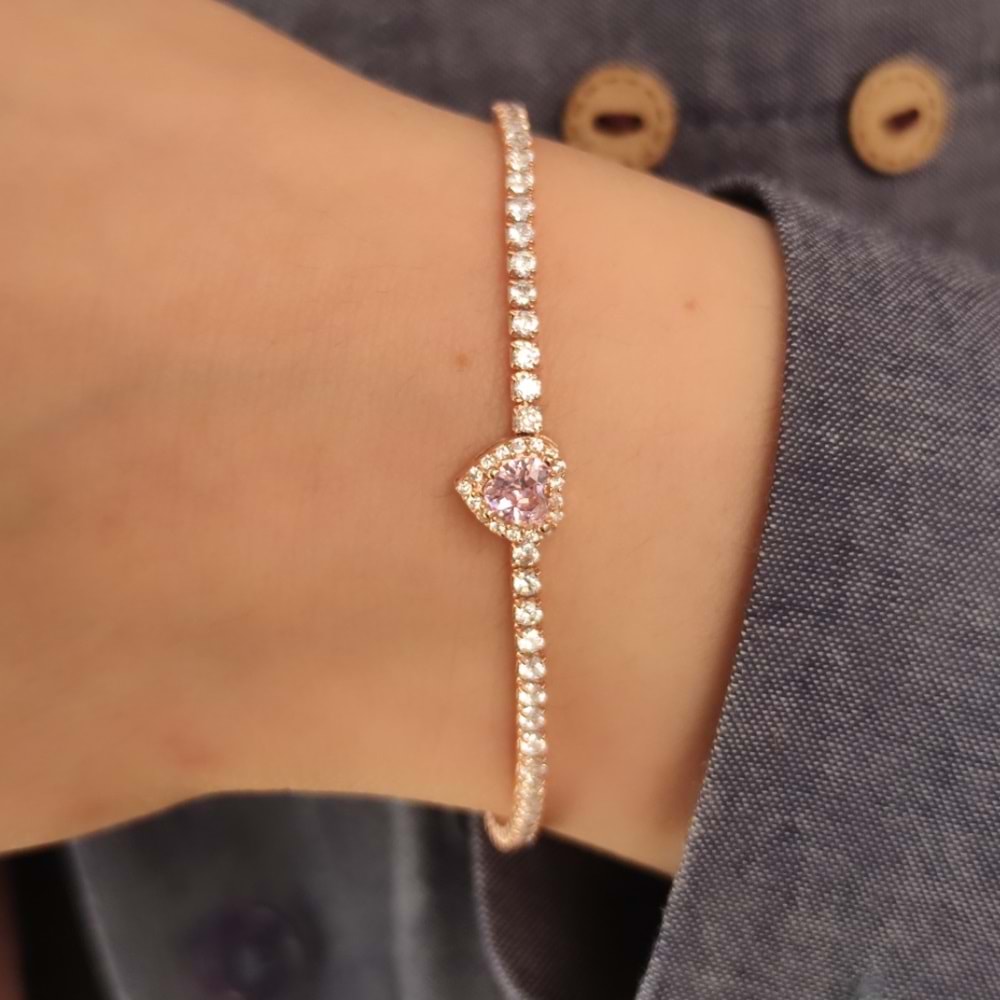 PEMBE TAŞLI SU YOLU KALP GÜMÜŞ BİLEKLİK - ROSE BAKIR