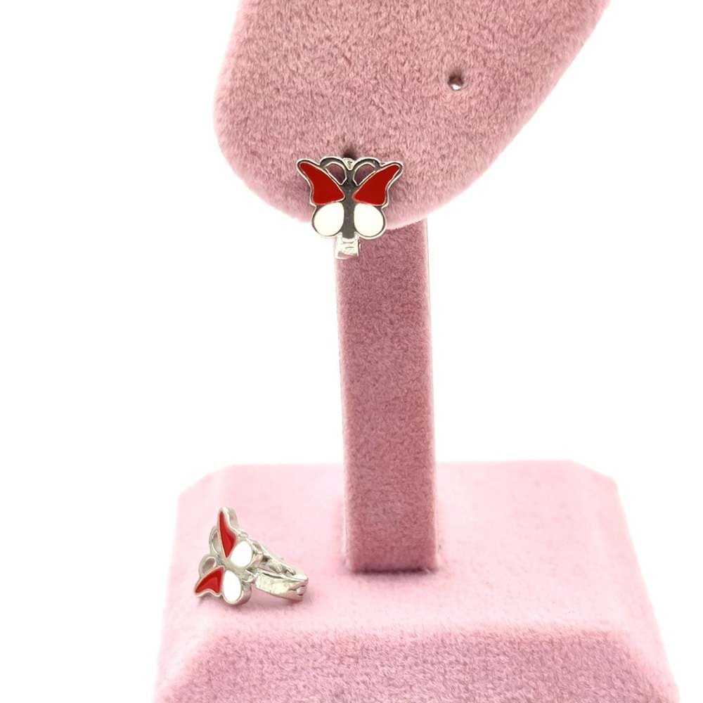 KIRMIZI BEYAZ MİNELİ KELEBEK ÇOCUK GÜMÜŞ KÜPE - RODYUM BEYAZ