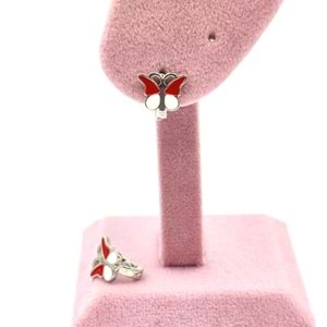 KIRMIZI BEYAZ MİNELİ KELEBEK ÇOCUK GÜMÜŞ KÜPE