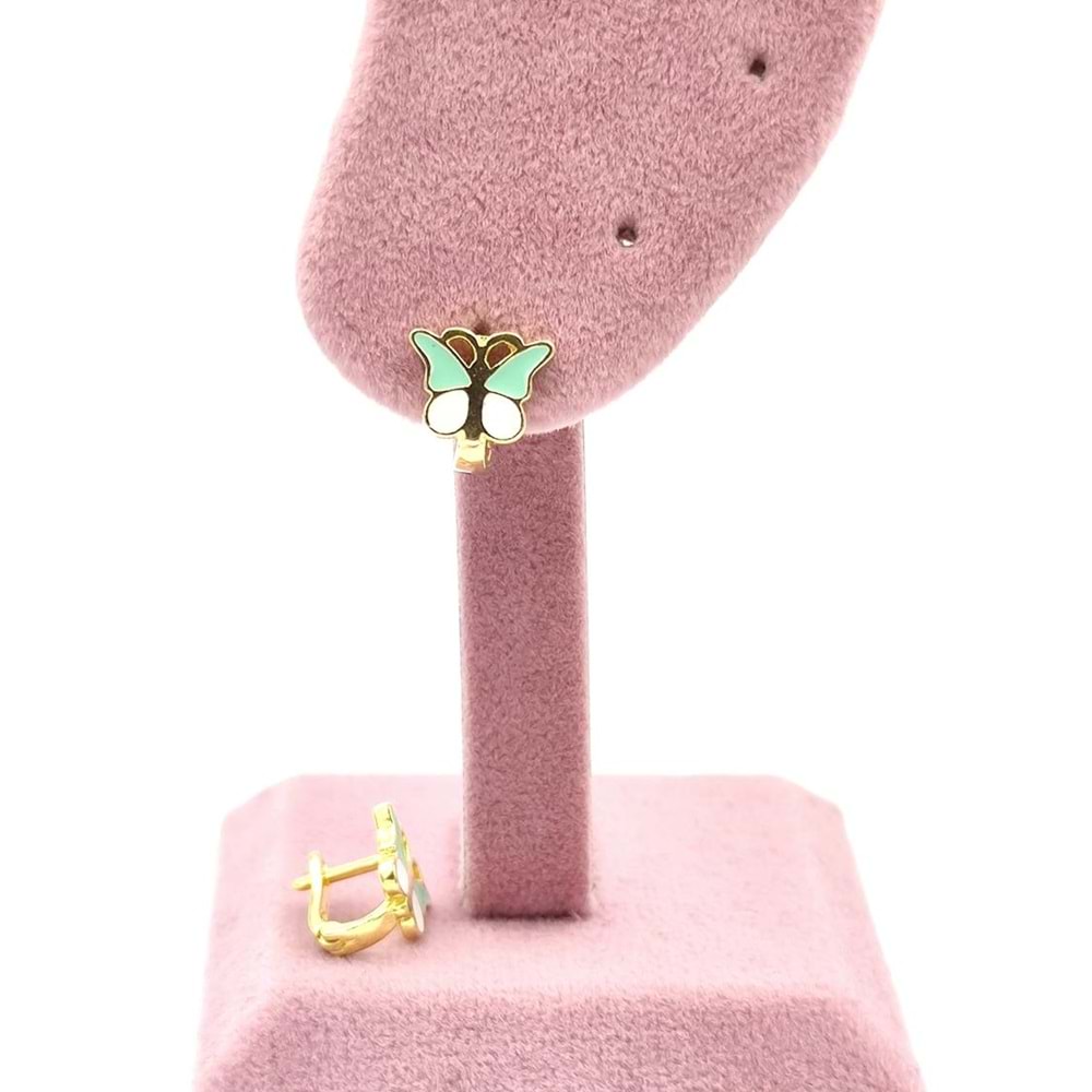 BEYAZ YEŞİL MİNELİ KELEBEK ÇOCUK GÜMÜŞ KÜPE - ALTIN SARI