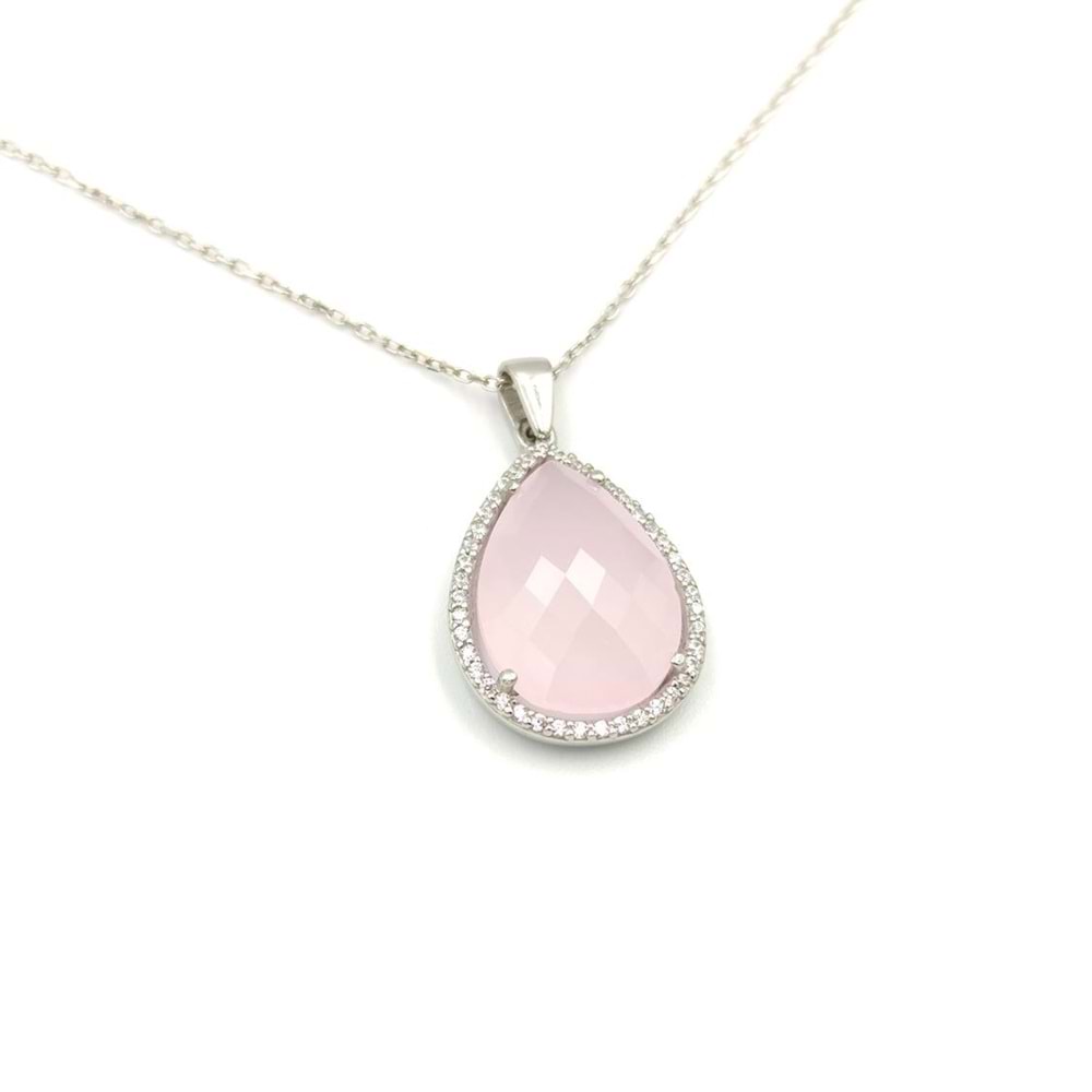 PEMBE TAŞLI DAMLA GÜMÜŞ KOLYE - RODYUM BEYAZ