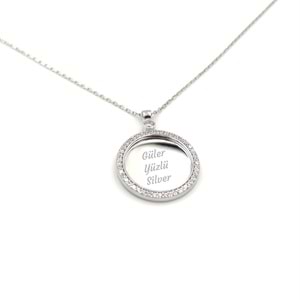 TAŞLI PLAKA İSİM YAZILABİLEN GÜMÜŞ KOLYE - RODYUM BEYAZ