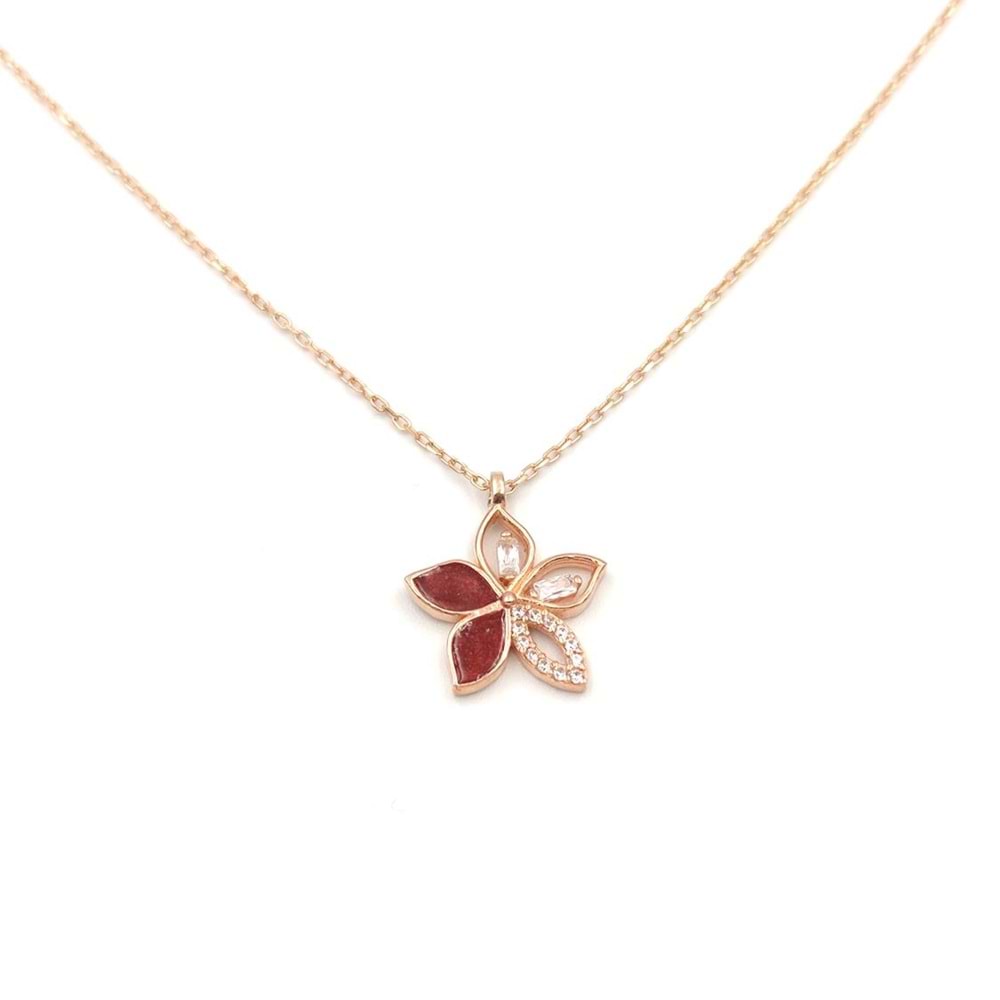 BORDO MİNELİ ÇİÇEK GÜMÜŞ KOLYE - ROSE BAKIR