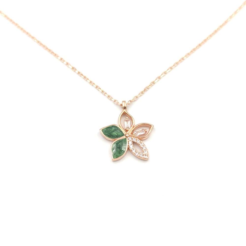 YEŞİL MİNELİ ÇİÇEK GÜMÜŞ KOLYE - ROSE BAKIR