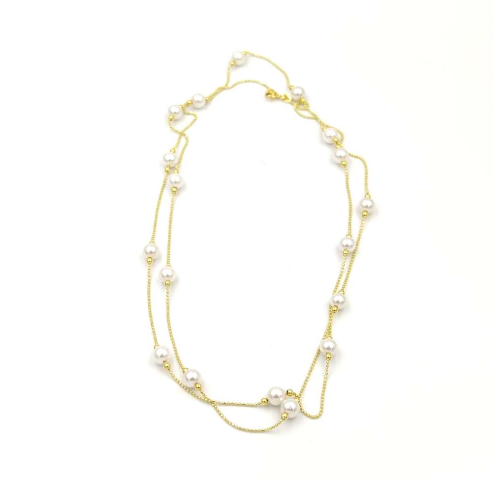 90 CM İNCİ TOP GÜMÜŞ ZİNCİR KOLYE - ALTIN SARI