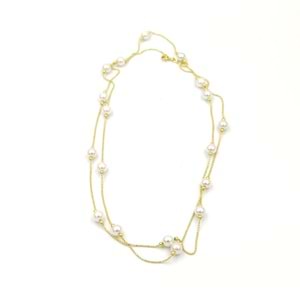 90 CM İNCİ TOP GÜMÜŞ ZİNCİR KOLYE - ALTIN SARI