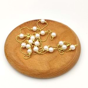 90 CM İNCİ TOP GÜMÜŞ ZİNCİR KOLYE - ALTIN SARI