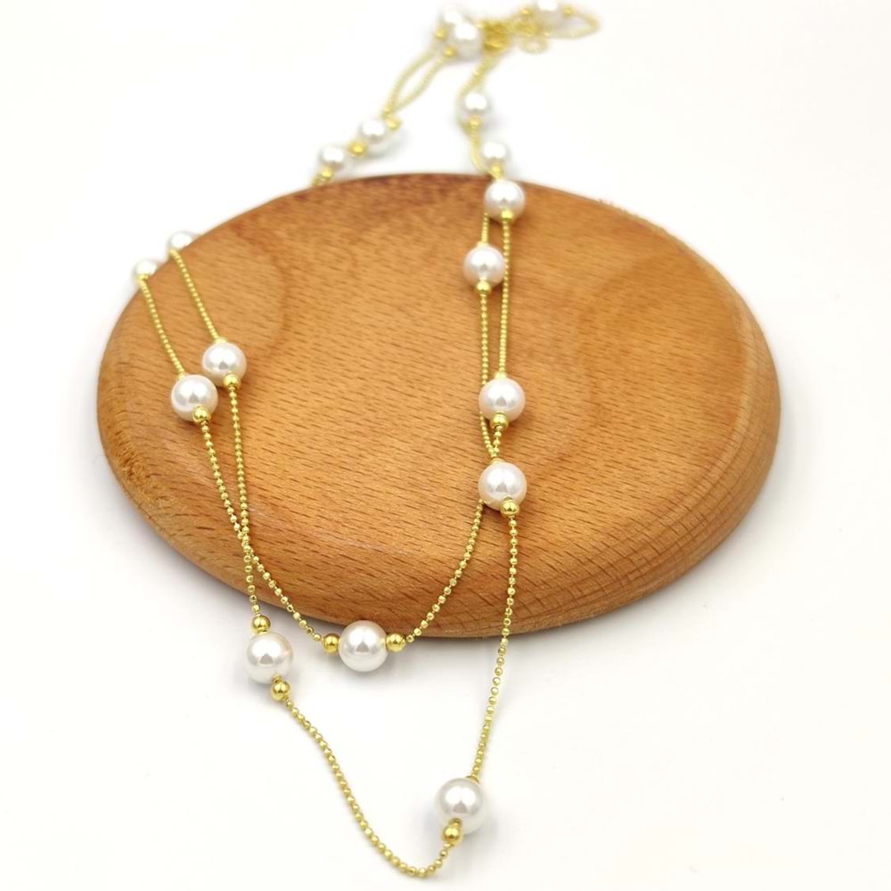 90 CM İNCİ TOP GÜMÜŞ ZİNCİR KOLYE - ALTIN SARI