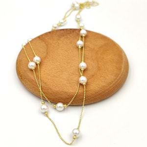 90 CM İNCİ TOP GÜMÜŞ ZİNCİR KOLYE - ALTIN SARI