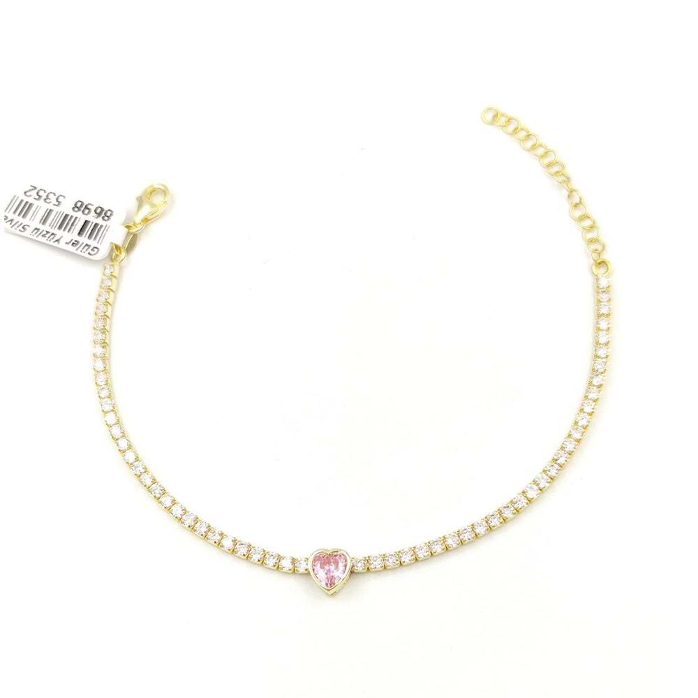 PEMBE TAŞLI KALP SU YOLU GÜMÜŞ BİLEKLİK - ALTIN SARI