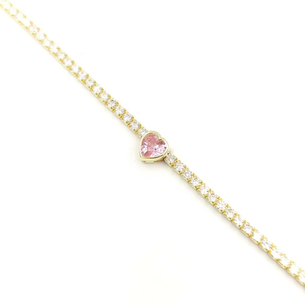 PEMBE TAŞLI KALP SU YOLU GÜMÜŞ BİLEKLİK - ALTIN SARI