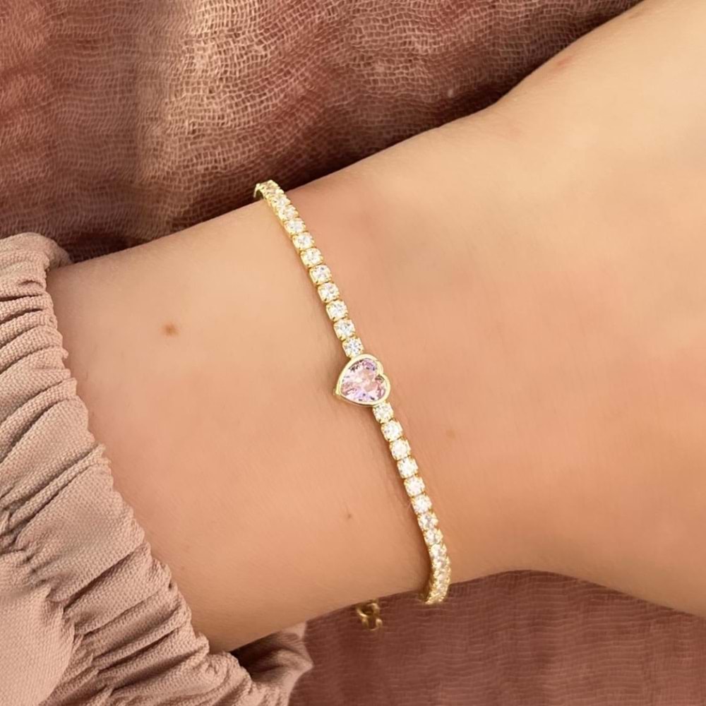 PEMBE TAŞLI KALP SU YOLU GÜMÜŞ BİLEKLİK - ALTIN SARI