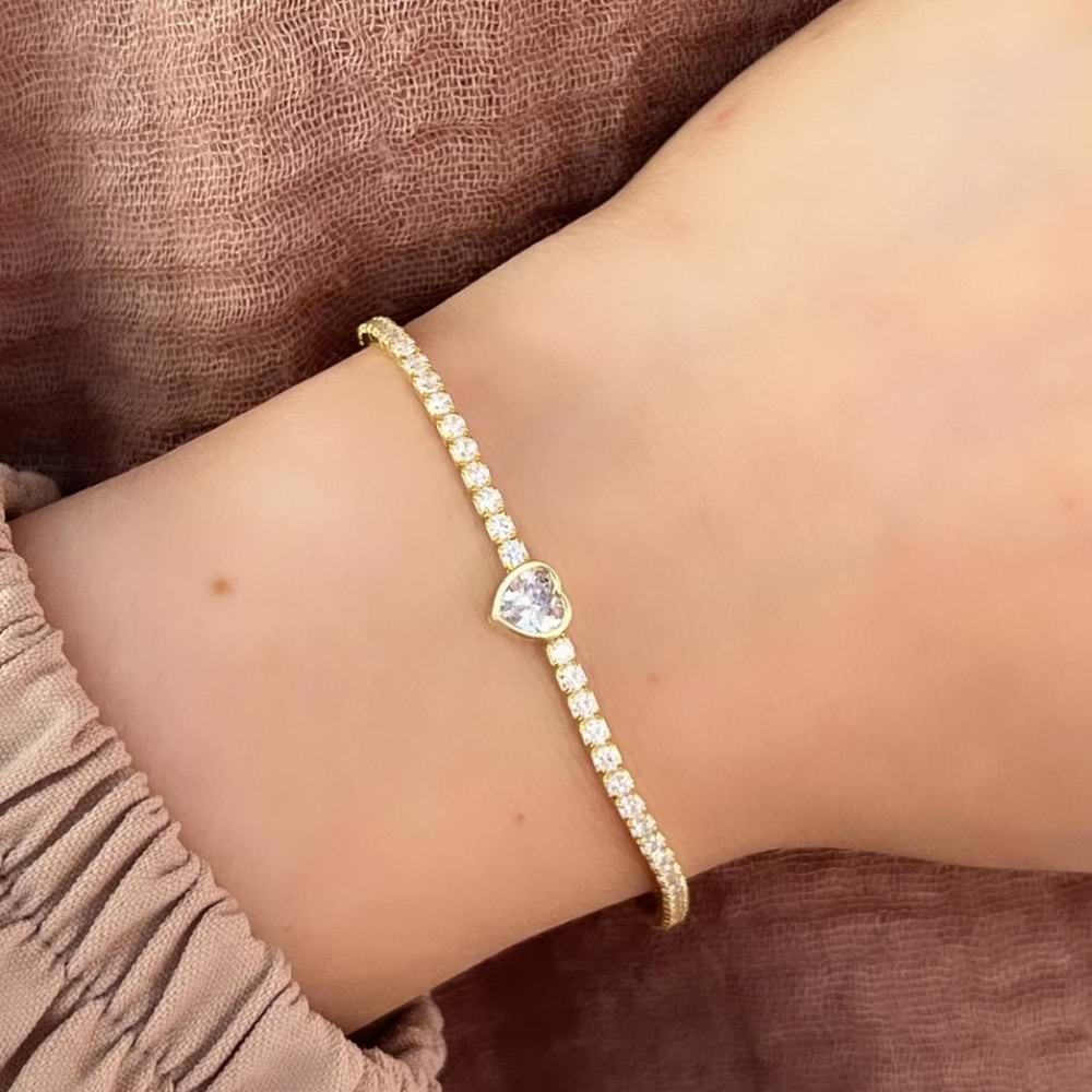 ZİRKON TAŞLI KALP SU YOLU GÜMÜŞ BİLEKLİK - ALTIN SARI