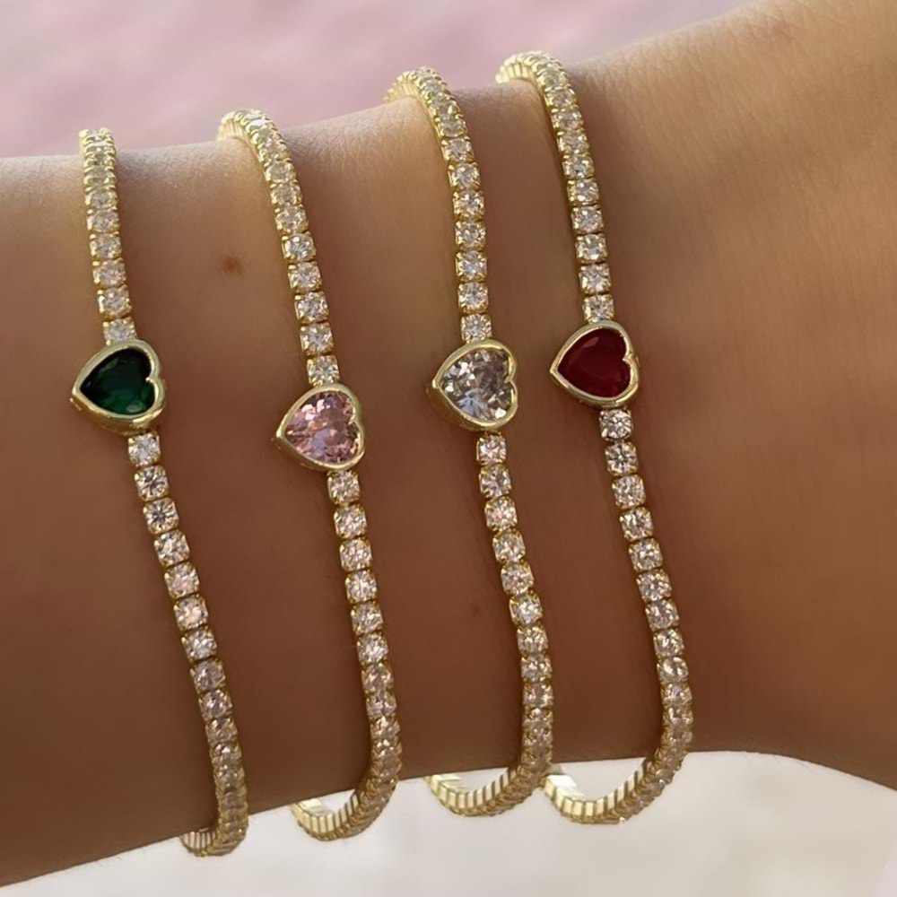 ZİRKON TAŞLI KALP SU YOLU GÜMÜŞ BİLEKLİK - ALTIN SARI