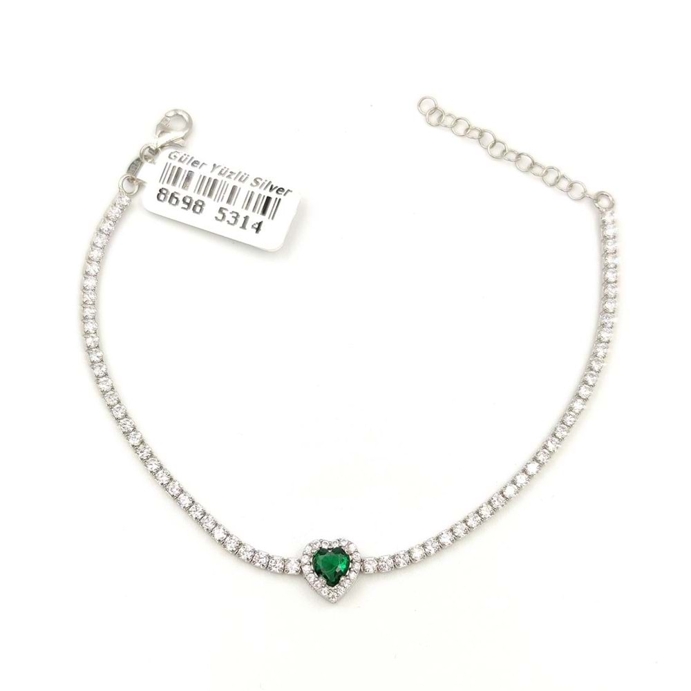 YEŞİL TAŞLI KALP SU YOLU GÜMÜŞ BİLEKLİK - RODYUM BEYAZ