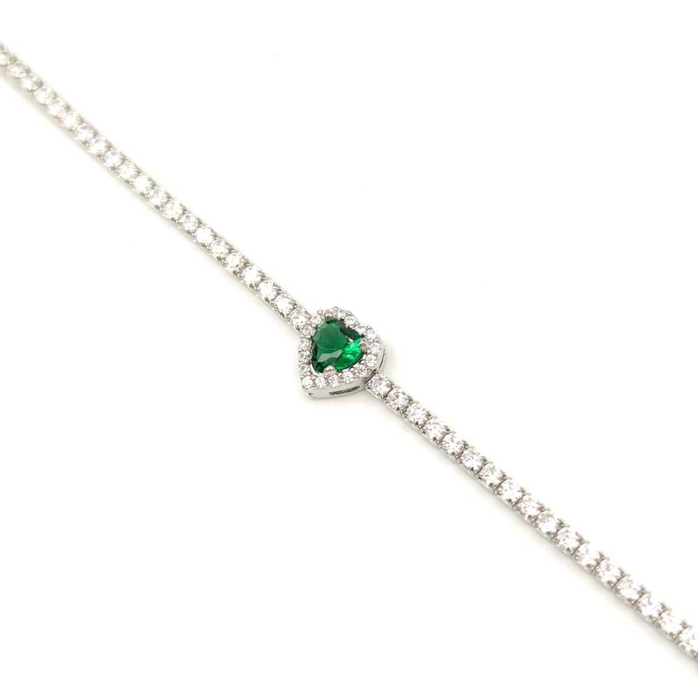 YEŞİL TAŞLI KALP SU YOLU GÜMÜŞ BİLEKLİK - RODYUM BEYAZ