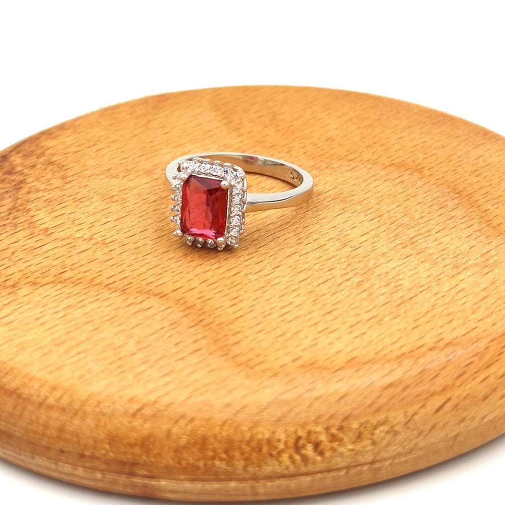 KIRMIZI BAGET GÜMÜŞ YÜZÜK - RODYUM BEYAZ - 14