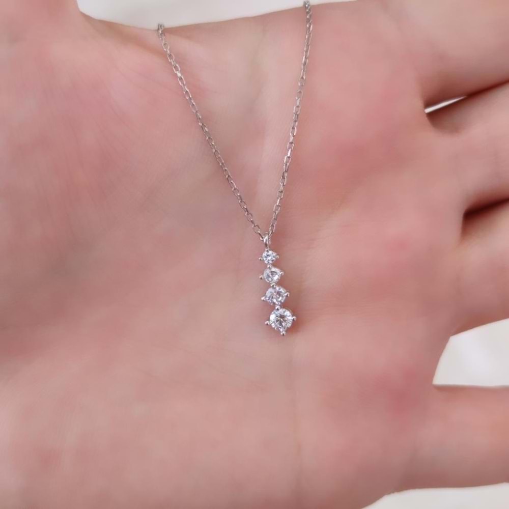 DÖRT TAŞ SU YOLU GÜMÜŞ KOLYE - RODYUM BEYAZ