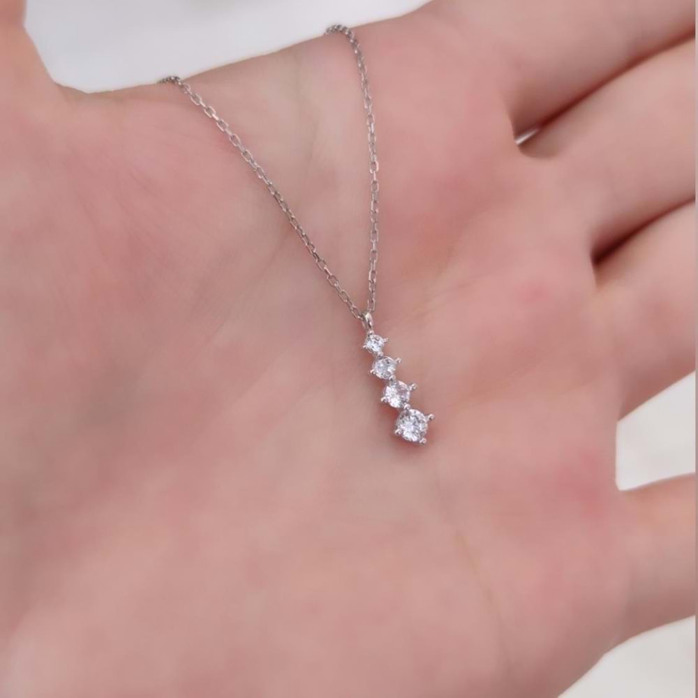 DÖRT TAŞ SU YOLU GÜMÜŞ KOLYE - RODYUM BEYAZ