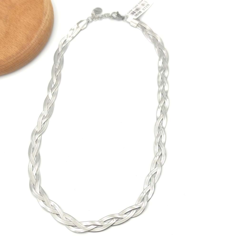 ÇELİK YASSI ZİNCİR ÖRGÜ KOLYE - RODYUM BEYAZ