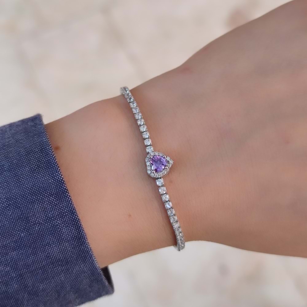 MOR TAŞLI KALP SU YOLU GÜMÜŞ BİLEKLİK - RODYUM BEYAZ