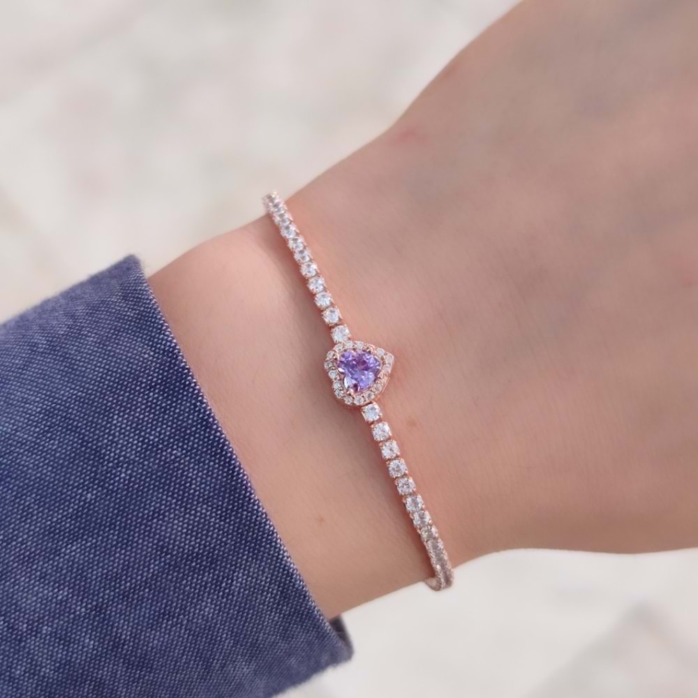 MOR TAŞLI KALP SU YOLU GÜMÜŞ BİLEKLİK - ROSE BAKIR