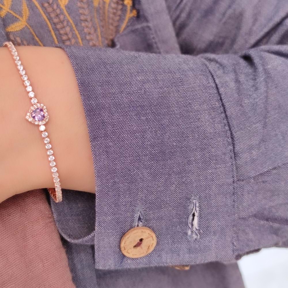 MOR TAŞLI KALP SU YOLU GÜMÜŞ BİLEKLİK - ROSE BAKIR