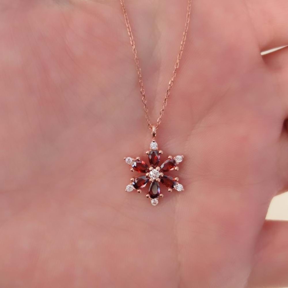 KIRMIZI TAŞLI LOTUS GÜMÜŞ KOLYE - ROSE BAKIR