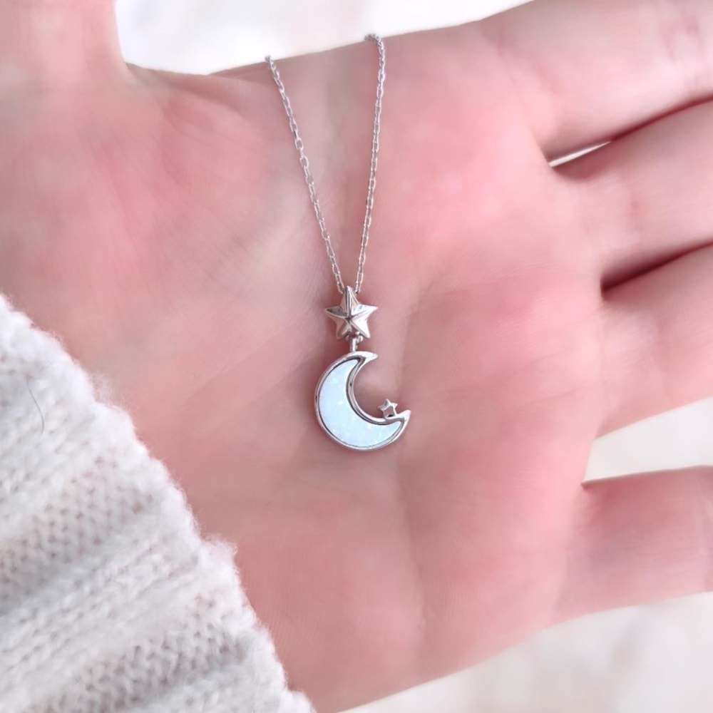 BEYAZ OPAL AY YILDIZ GÜMÜŞ KOLYE - RODYUM BEYAZ