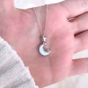 BEYAZ OPAL AY YILDIZ GÜMÜŞ KOLYE