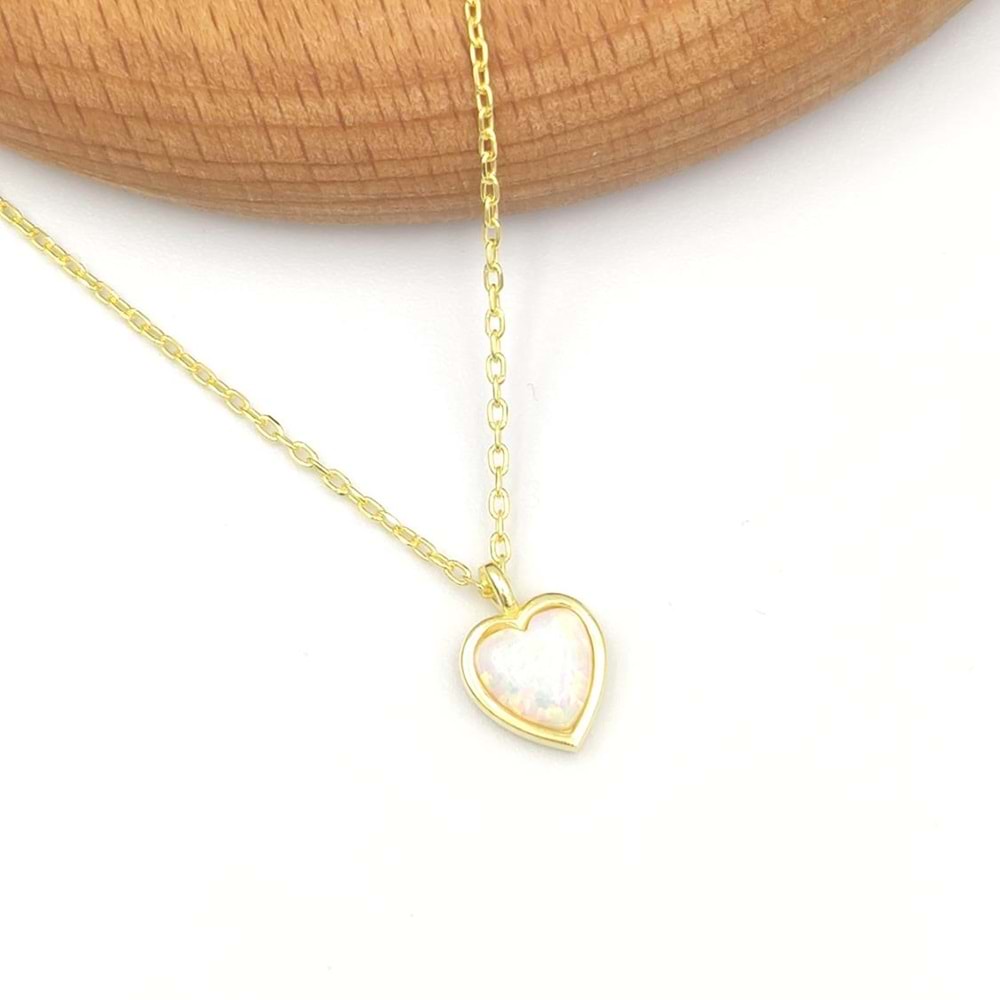 BEYAZ OPAL KALP GÜMÜŞ KOLYE - ALTIN SARI