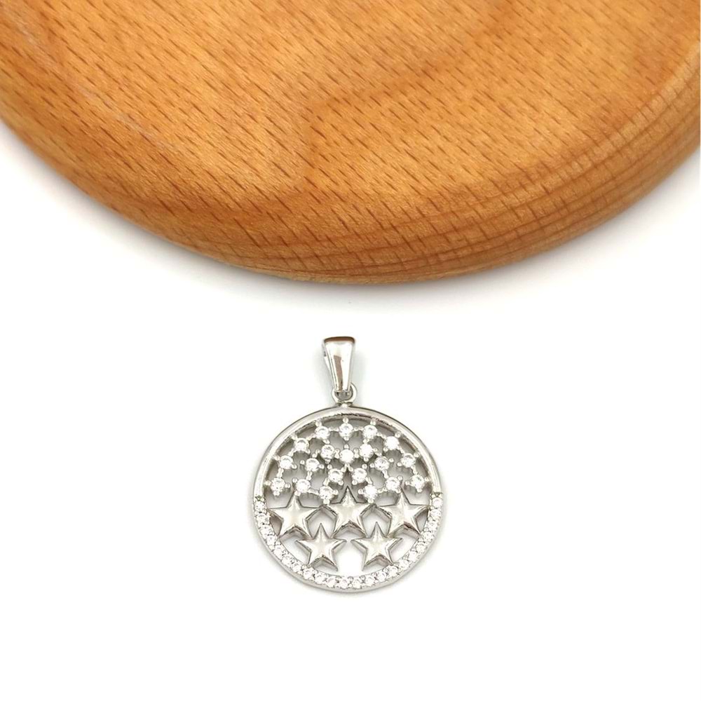 YUVARLAK YILDIZLI GÜMÜŞ KOLYE UCU - RODYUM BEYAZ