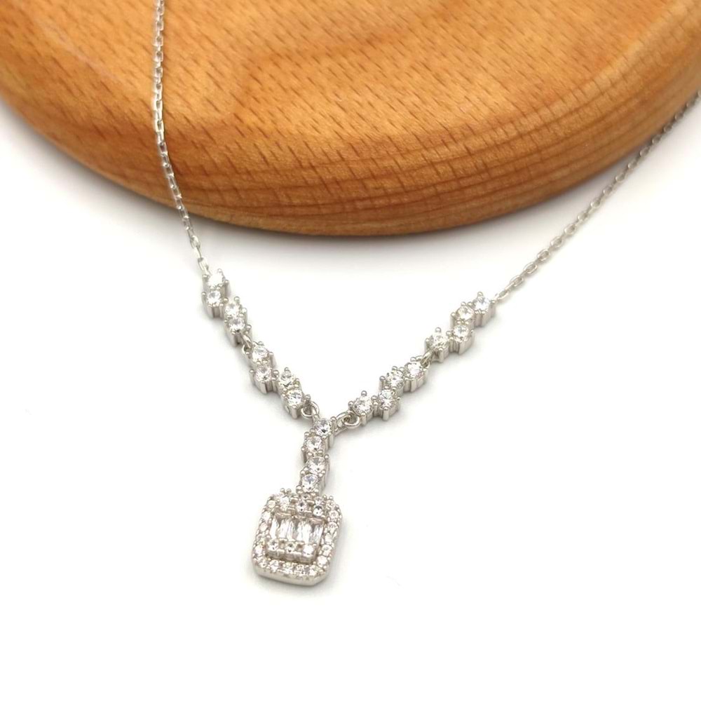 PIRLANTA MONTÜR BAGET GÜMÜŞ KOLYE - RODYUM BEYAZ