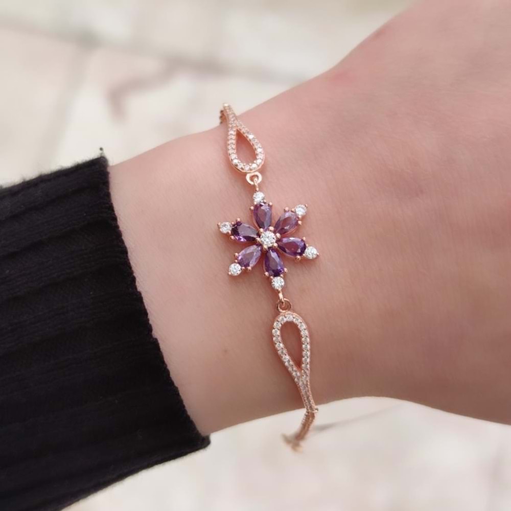 MOR TAŞLI LOTUS GÜMÜŞ BİLEKLİK - ROSE BAKIR