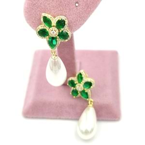 ZÜMRÜT ZİRKON TAŞLI ÇİÇEK DAMLA İNCİ GÜMÜŞ KÜPE