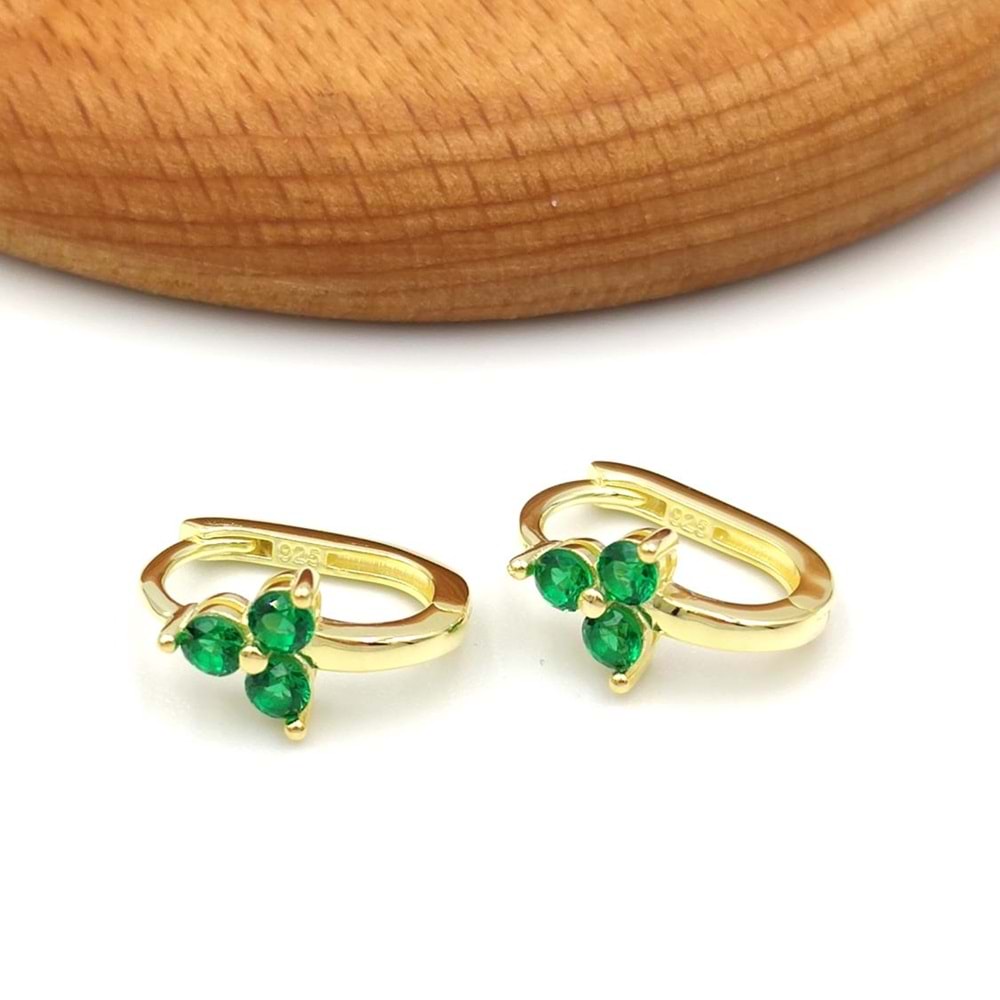 YEŞİL ÜÇ TAŞ ÇİÇEK U GÜMÜŞ KÜPE - ALTIN SARI