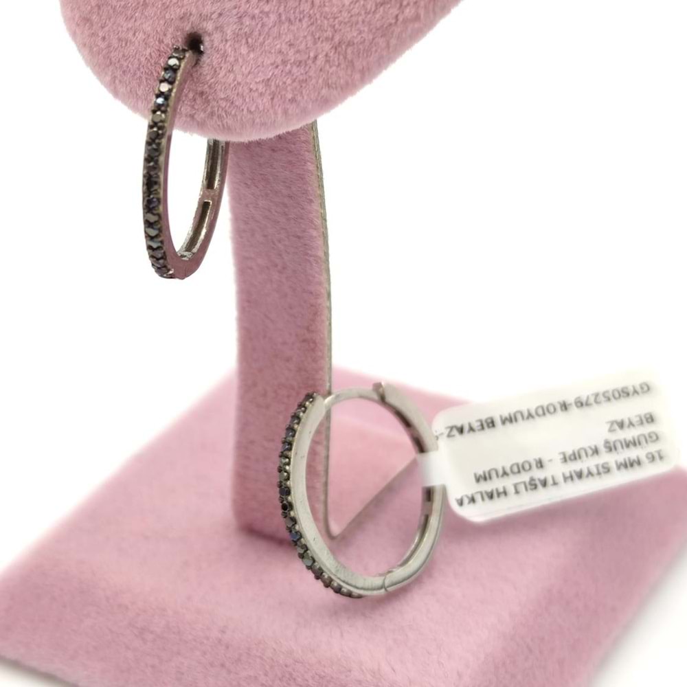 16 MM SİYAH TAŞLI HALKA GÜMÜŞ KÜPE - RODYUM BEYAZ