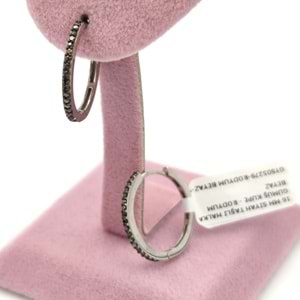 16 MM SİYAH TAŞLI HALKA GÜMÜŞ KÜPE - RODYUM BEYAZ