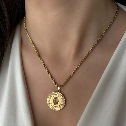 BURGU ZİNCİR ATA ÇEYREK ALTIN ÇELİK KOLYE