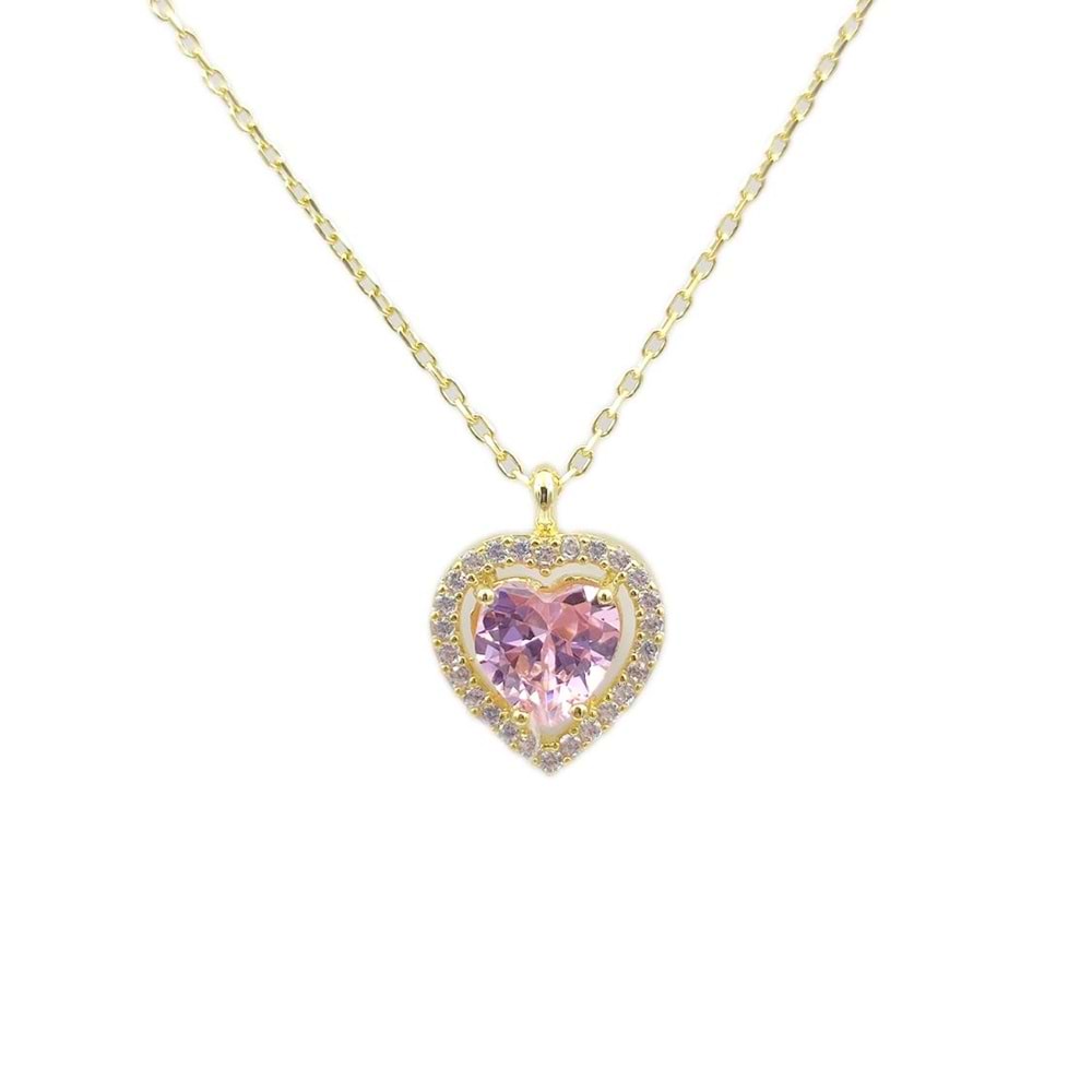 PEMBE TAŞLI KALP GÜMÜŞ KOLYE