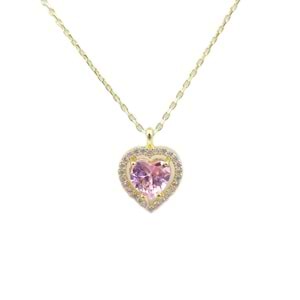 PEMBE TAŞLI KALP GÜMÜŞ KOLYE