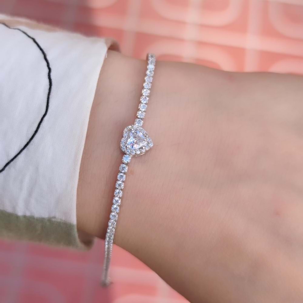 ZİRKON TAŞLI KALP SU YOLU GÜMÜŞ BİLEKLİK - RODYUM BEYAZ