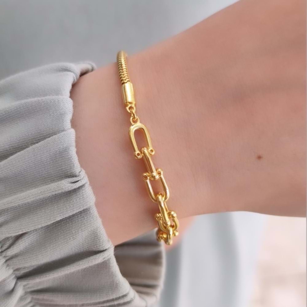 ATAÇ ZİNCİR DETAYLI FÜZYON GÜMÜŞ BİLEKLİK - ALTIN SARI