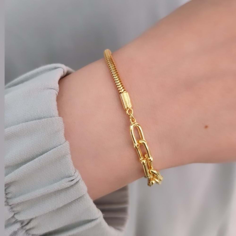 ATAÇ ZİNCİR DETAYLI FÜZYON GÜMÜŞ BİLEKLİK - ALTIN SARI