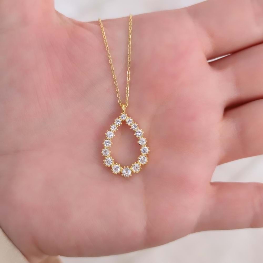 ZİRKON TAŞLI DAMLA SU YOLU GÜMÜŞ KOLYE - ALTIN SARI