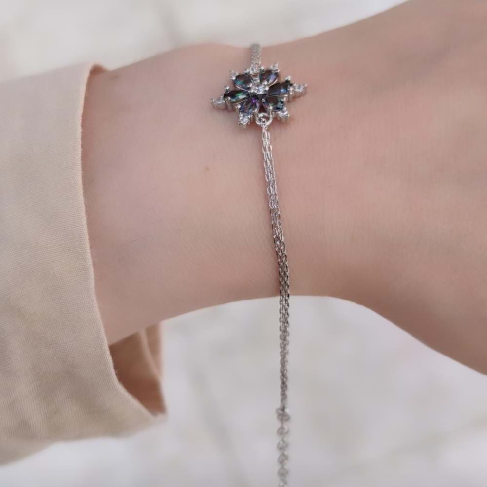 MİSTİK TOPAZ TAŞLI LOTUS GÜMÜŞ BİLEKLİK - RODYUM BEYAZ