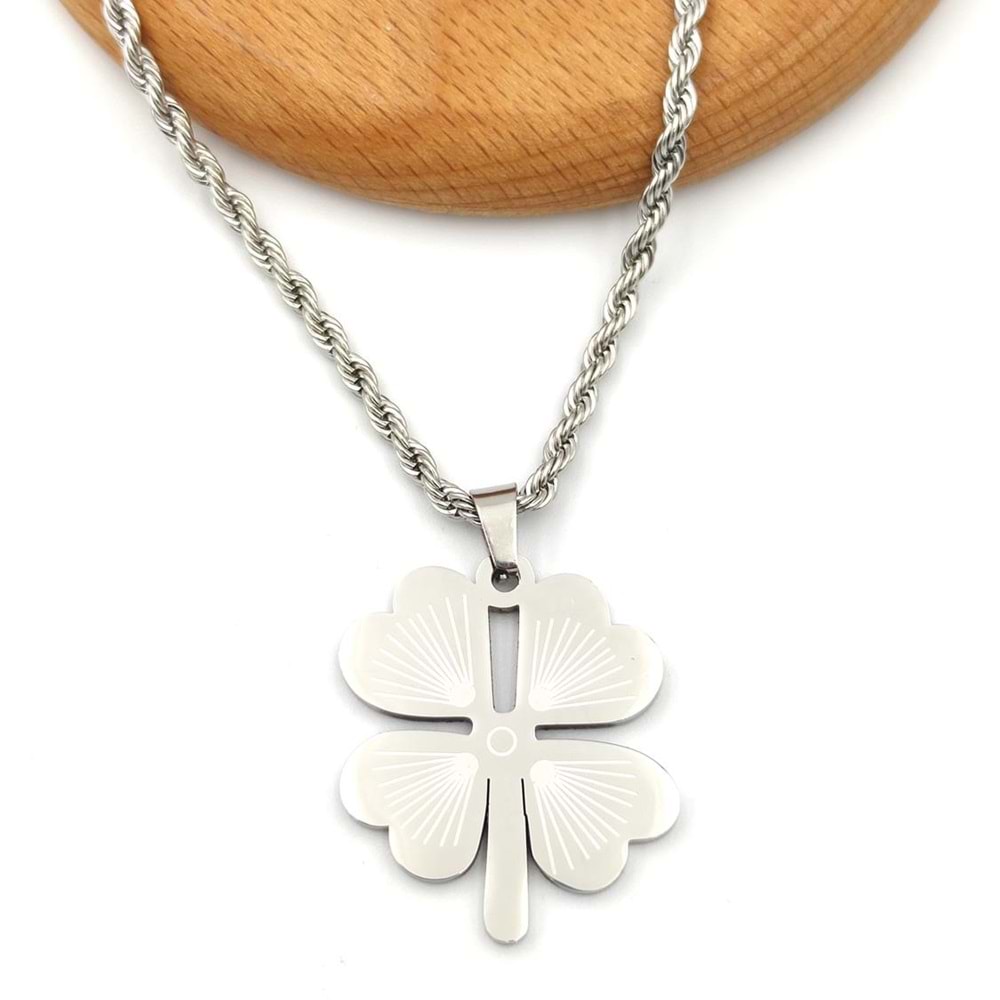 3 MM BURGU ZİNCİR ÇELİK YONCA KOLYE 65 CM - BEYAZ